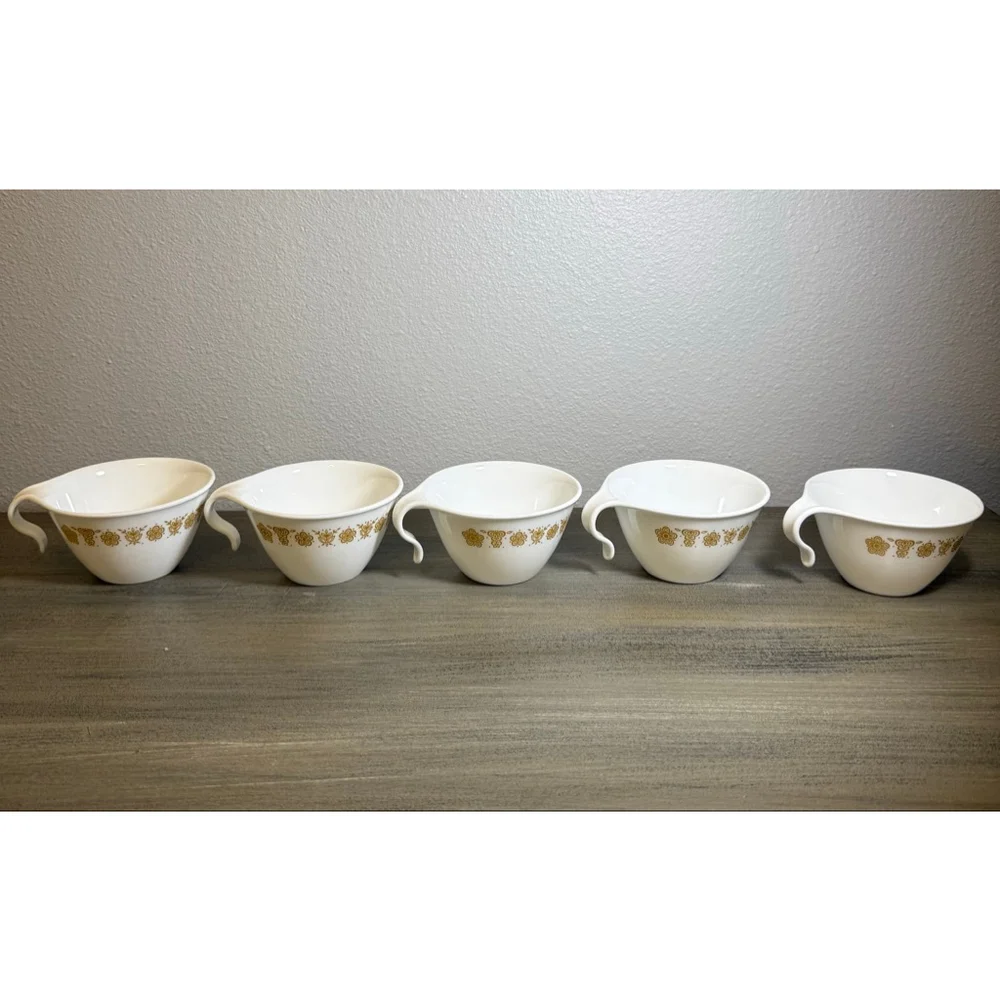 Set of 5 vintage Corelle Butterfly Gold flat cups hook handles by Corning